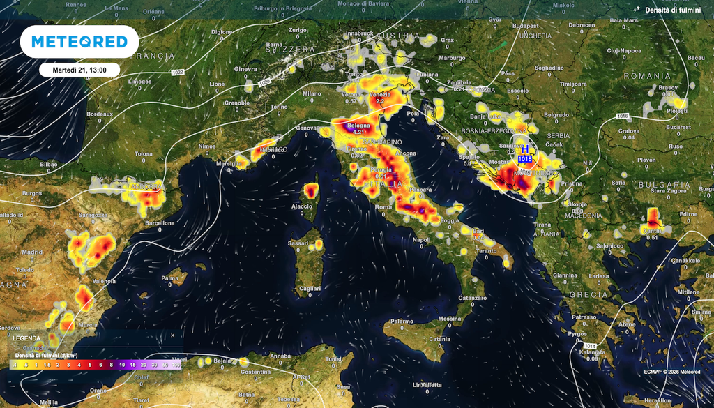Densità di fulmini prevista martedì, la forma di alcune zone lascia presagire la formazione di altri grossi e potenti MCS Mesoscale Convective System