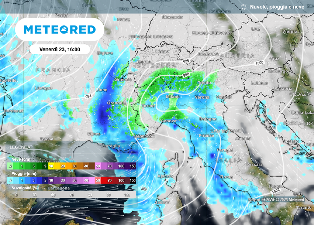 Le possibili nevicate sull'Italia settentrionale anche in pianura già da venerdì pomeriggio.