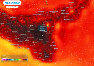 Il modello di Meteored prevede un'ondata di caldo estremo in Sicilia, lunedì si potranno raggiungere i +45°C sull'isola