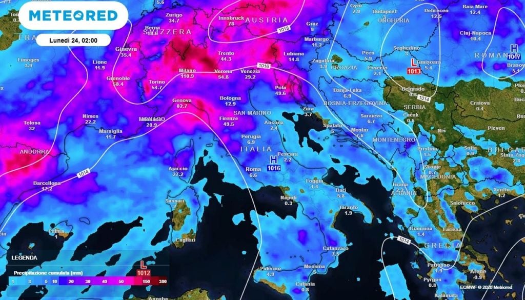 Piogge abbondanti. In alcune aree del Nord, nei prossimi giorni, potranno cadere fino ad oltre 150 mm di pioggia.