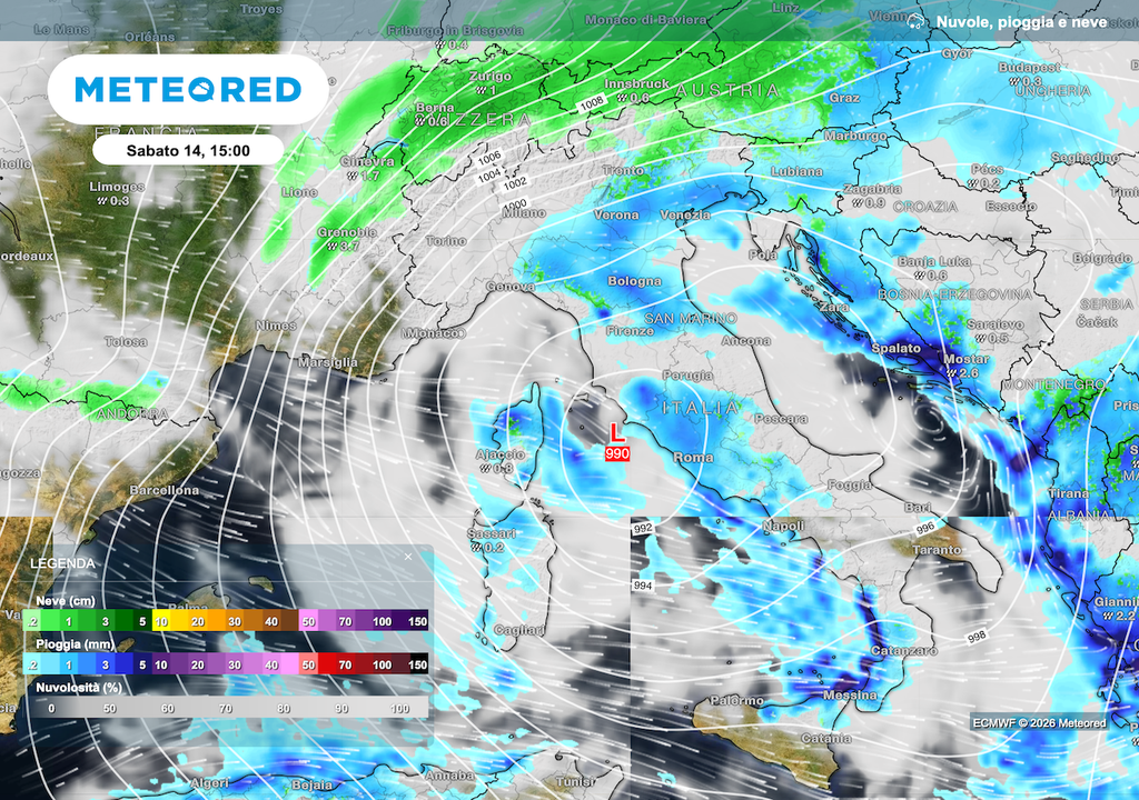 Nel giorno di San Valentino il nostro modello su base ECMWF prevede la formazione di un ciclone tirrenico con maltempo diffuso da nord a sud, seguirà aria più fredda di origine polare.