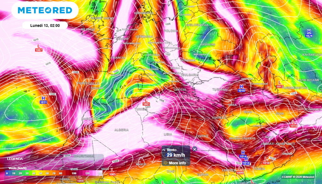 Corrente a getto. La simulazione per il prossimo lunedì mostra l'interazione fra il getto polare e il getto subtropicale sull'area del Mediterraneo, dove nasceranno nuove ciclogenesi.