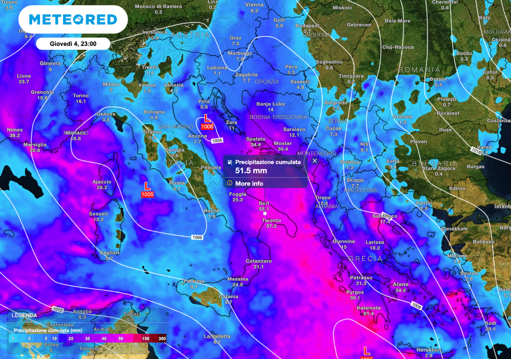Precipitazioni più abbondanti su Centro-Sud e basso Tirreno; Nord ai margini.