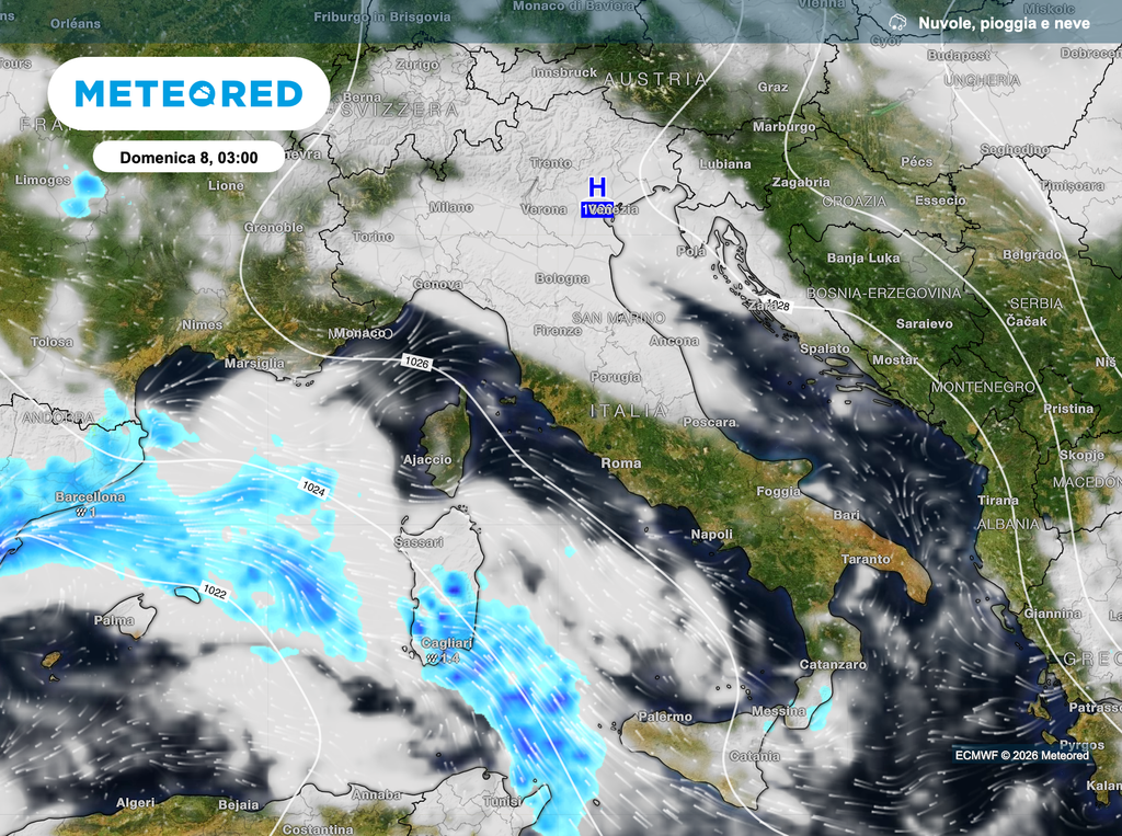 Nel fine settimana che include l'8 marzo, festa della Donna, compaiono precipitazioni fra Sicilia e Sardegna.