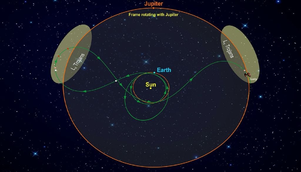 Il diagramma mostra la posizione dei troiani rispetto alla posizione di Giove e la traiettoria di Lucy che esplorerà sistematicamente alcuni di questi asteroidi. Credit: Southwest Research Institute