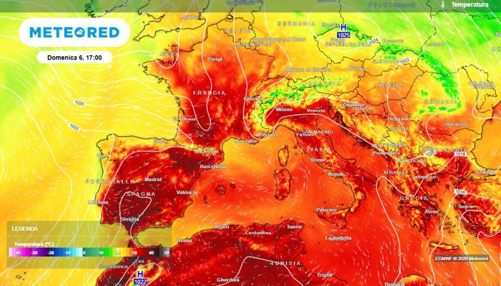 Temperature da piena estate nel fine settimana su tutta Italia, con punte anche di 37-38°C sulle aree pianeggianti interne Centromeridionali, della Sardegna e anche della Pianura Padana. ECMWF-MeteoRed