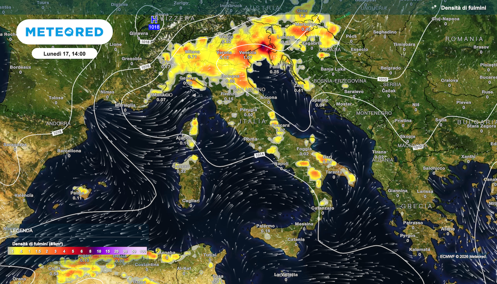 Densità di fulmini prevista lunedì