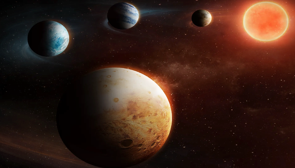 Rappresentazione artistica del sistema planetario LHS 1903 con una insolita sequenza di pianeti roccioso-gassoso-gassoso-roccioso. Credit: ESA