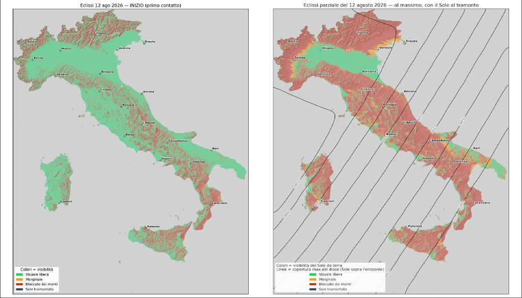 Mappe di visibilità del Sole durante l’eclissi del 12 agosto 2026 dal territorio italiano. Il pannello a sinistra mostra il momento in cui, in ciascuna località, è previsto il primo contatto tra il disco solare e quello lunare; il pannello a destra si riferisce invece al picco dell’eclissi, anch’esso calcolato localmente. Sulla mappa a destra, inoltre, sono sovraimposti i contorni che quantificano la copertura massima del disco solare prevista per le varie località (cliccare per ingrandire). Crediti: Inaf/M. Sandri; Modello di elevazione digitale TinItaly 1.1, a cura di Tarquini S., I. Isola, M. Favalli, A. Battistini, G. Dotta (Ingv, 2023)
