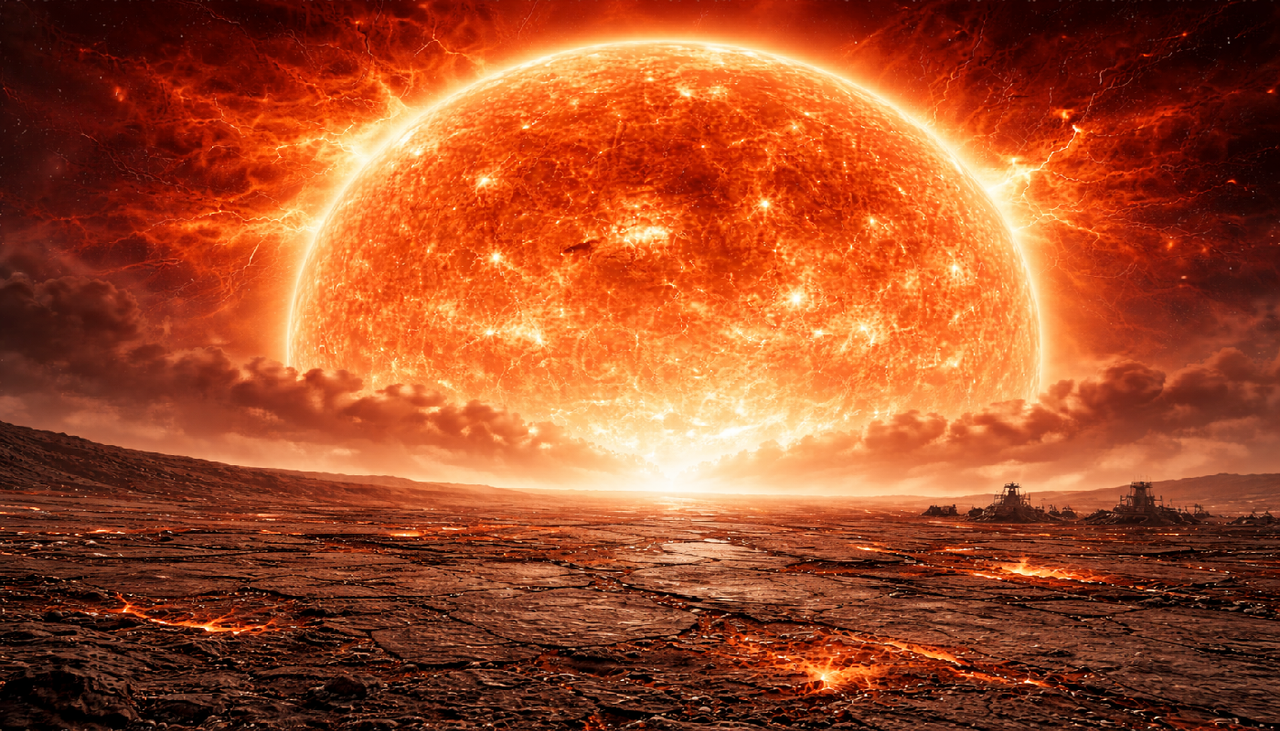 Quando il Sole diventerà una gigante rossa, sarà per primo l'aumento di temperatura a rendere impossibile la vita sulla Terra. Rappresentazione artistica del Sole come gigante rossa generato con IA.