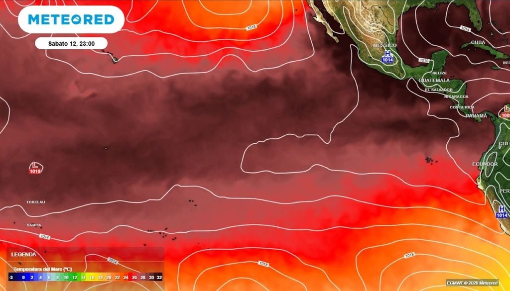 Le altissime temperature delle acque superficiali del Pacifico tropicale, in questi giorni.