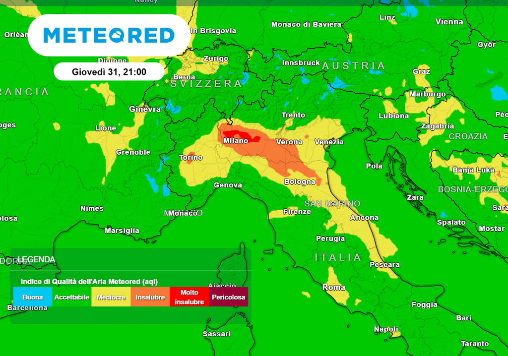 Peggioramento della qualità dell'aria su Pianura Padana e maggiori centri abitati