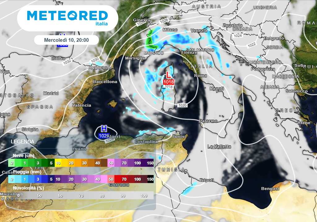 Minimo di pressione in isolamento sul nord del Tirreno