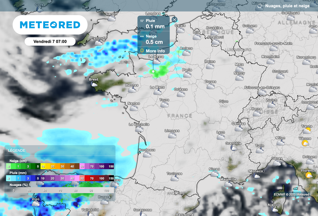 Petites chutes de neige vendredi matin entre l'Île-de-France et la Normandie. Petites chutes de neige vendredi matin entre l'Île-de-France et la Normandie.