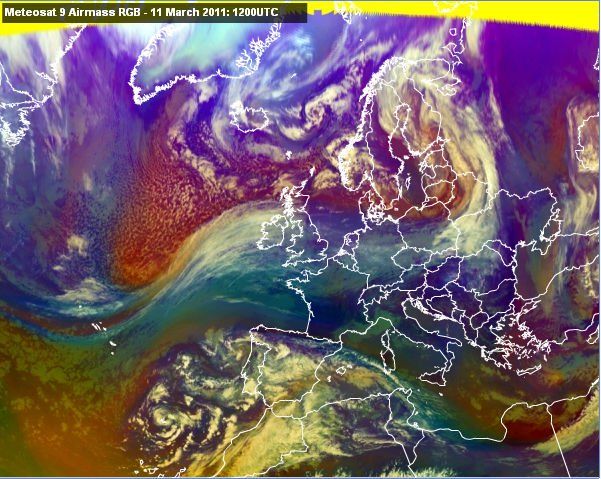 Imagen RGB del MSG del 11 de marzo de 2011 a las 12 UTC Imagen RGB del MSG del 11 de marzo de 2011 a las 12 UTC. Fuente: Satrep-online/EUMETSAT