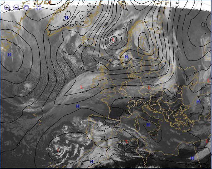Imagen IR 10.8 Imagen IR 10.8 de la misma hora junto con el análisis de presión en superficie del CEPMP en negro y hPa. "L" y "H" denotan bajas y altas presiones, respectivamente. Fuente: Satrep-online/EUMETSAT.
