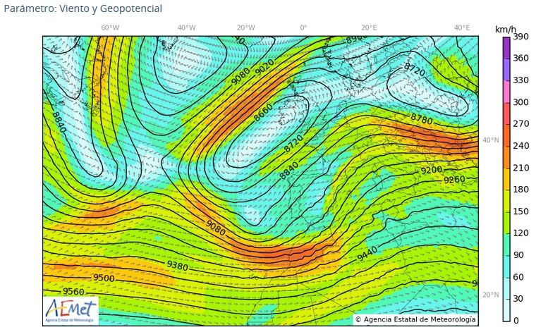 Mapas de las 00 UTC para el 1 de marzo de 2018 según AEMET: 300 hPa (geopotencial y viento con chorros)