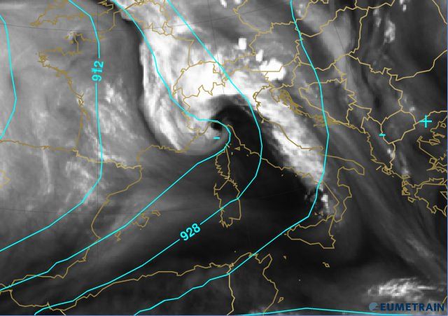 Mapa de 300 hPa Ídem que en la imagen anterior pero usando la imagen de vapor de agua, WV6.2, junto con el mapa de 300 hPa. Nótese los descensos en la parte traseras y dentro de la estructura en forma de "gancho" situada en la parte sur de la cabeza de la "coma". Fuente: EUMETRAIN-CEPMP.