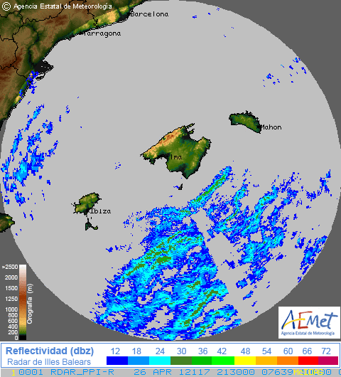 Imagen única: falsos ecos en el radar de Mallorca (26 abril 2012 sobre las 23 UTC, aproximadamente)