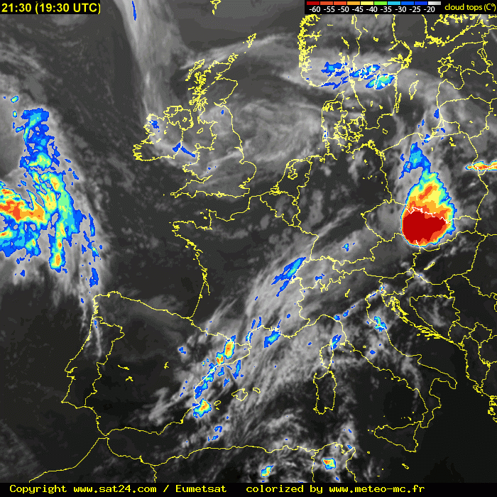 Imagen única: Posible Ccm En Europa Central Imagen realzada IR10.8 con los topes nubososo coloreados según la temperatura de brillo. Ver escala superior. Topes de menos de -60ºC se están alcanzando en ese momento.