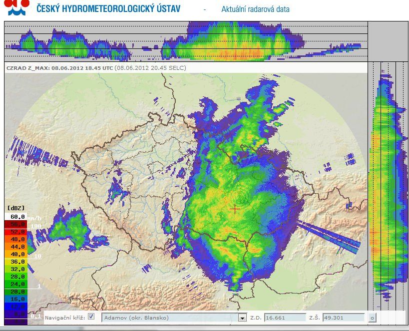 Imagen única: Posible Ccm En Europa Central Reflectividad máxima horizontal y vertical, Z, de la red de radares del Servicio Meteorologico e Hidrológico Checo, de la fecha y hora señalada en la imagen.