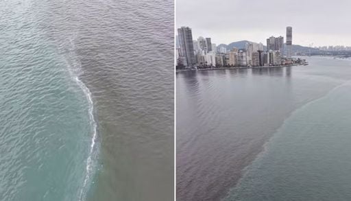 Imagens de drone mostram encontro de &aacute;guas no mar de Santos, em SP