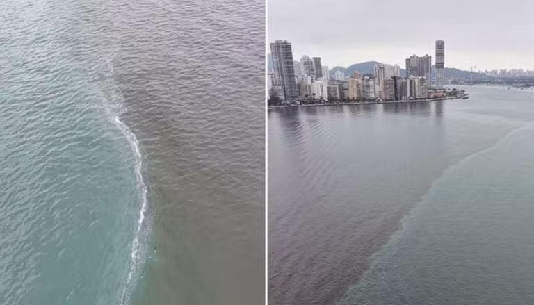 Imagens de drone mostram encontro de &aacute;guas no mar de Santos, em SP