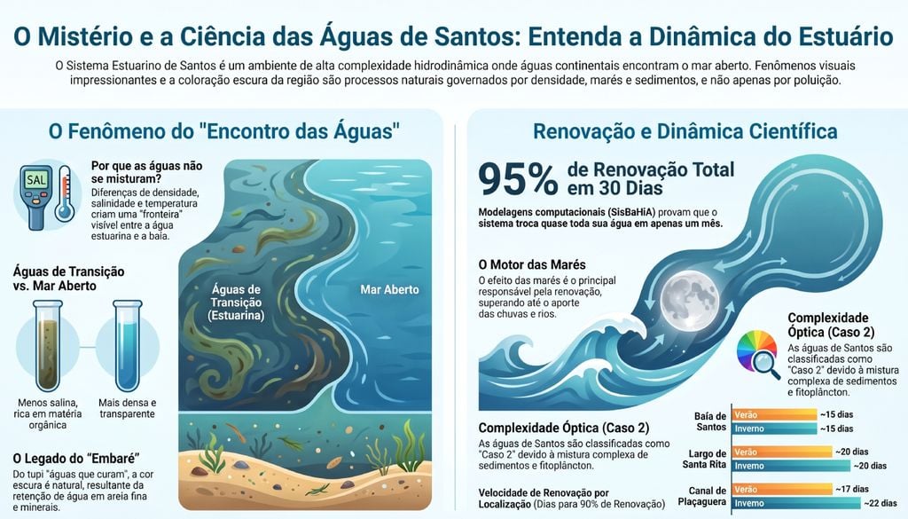 O contraste no mar de Santos reflete a complexa hidrodinâmica entre o estuário e a baía com diferentes níveis de densidade. Foto: Ilustração