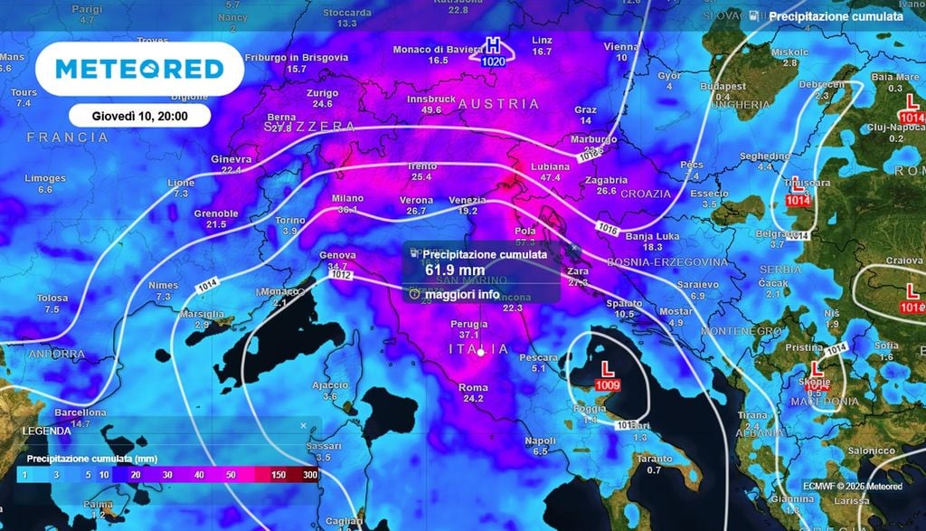 Le piogge cumulate previste sul Centro Italia nella giornata di giovedì 10 settembre.