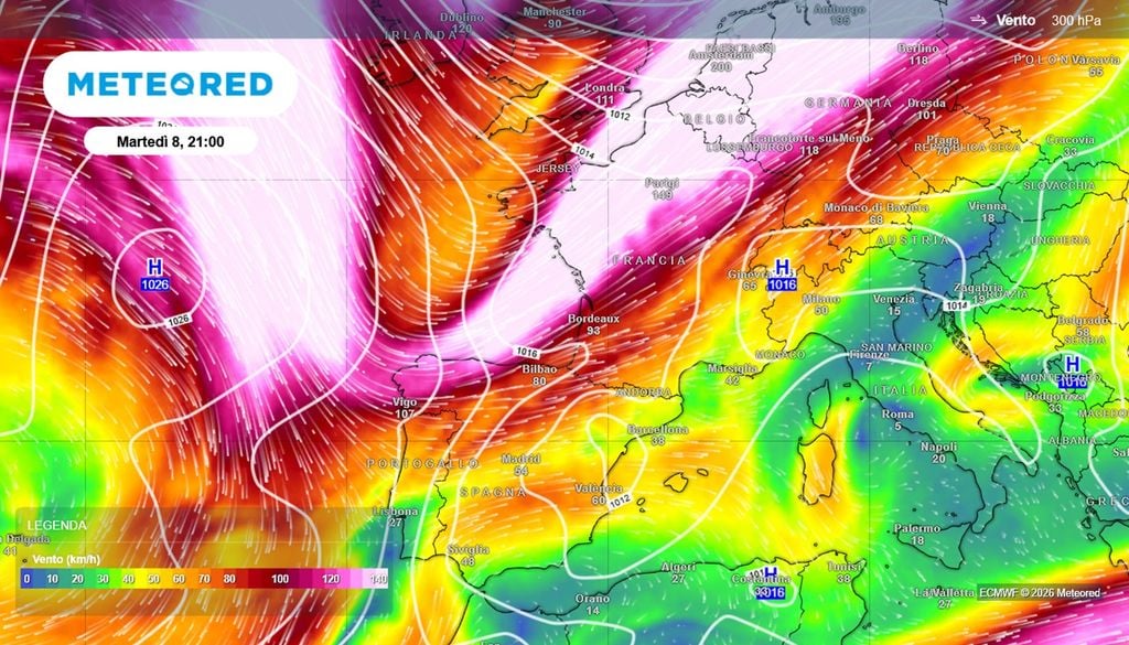 L'ondulazione della corrente a getto sull'Europa martedì 8 settembre.
