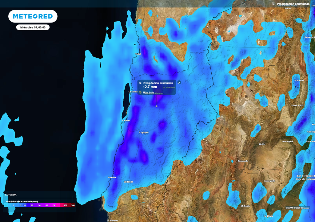 Precipitaciones acumuladas proyectadas hasta el martes 14, muestran montos que podrían superar los 10 mm en sectores de Antofagasta y Atacama, evidenciando el impacto de la baja segregada.