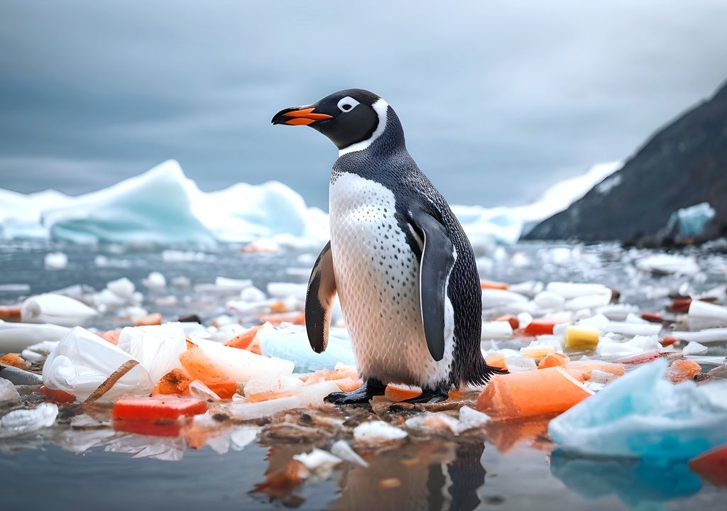 Pinguino sobre hielo derretido y plástico