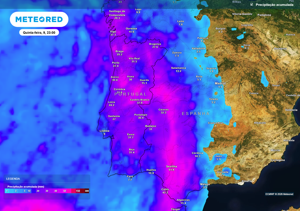 Os acumulados de precipitação mais expressivos deverão ocorrer nas regiões Norte e Centro, onde alguns locais poderão atingir cerca de 60 mm em menos de quatro dias.