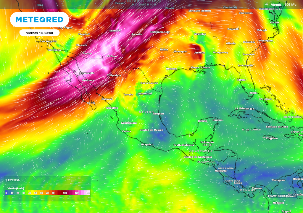 Pronóstico de viento en km/h a 500 mb