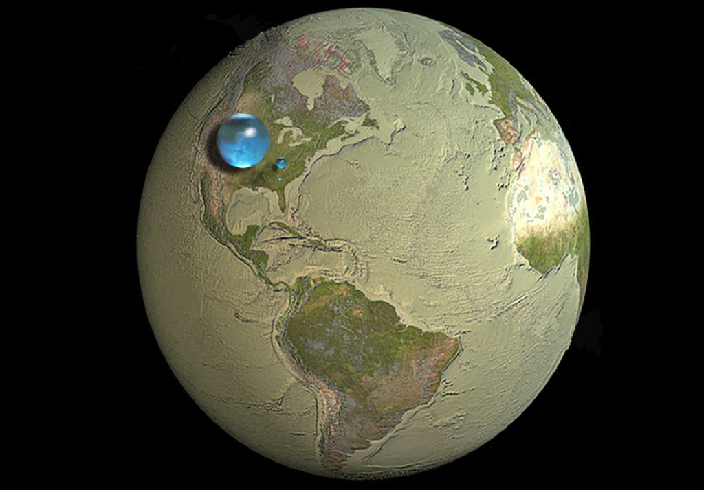 Imagen del planeta Tierra seca con dos gotas de agua sobre superficie