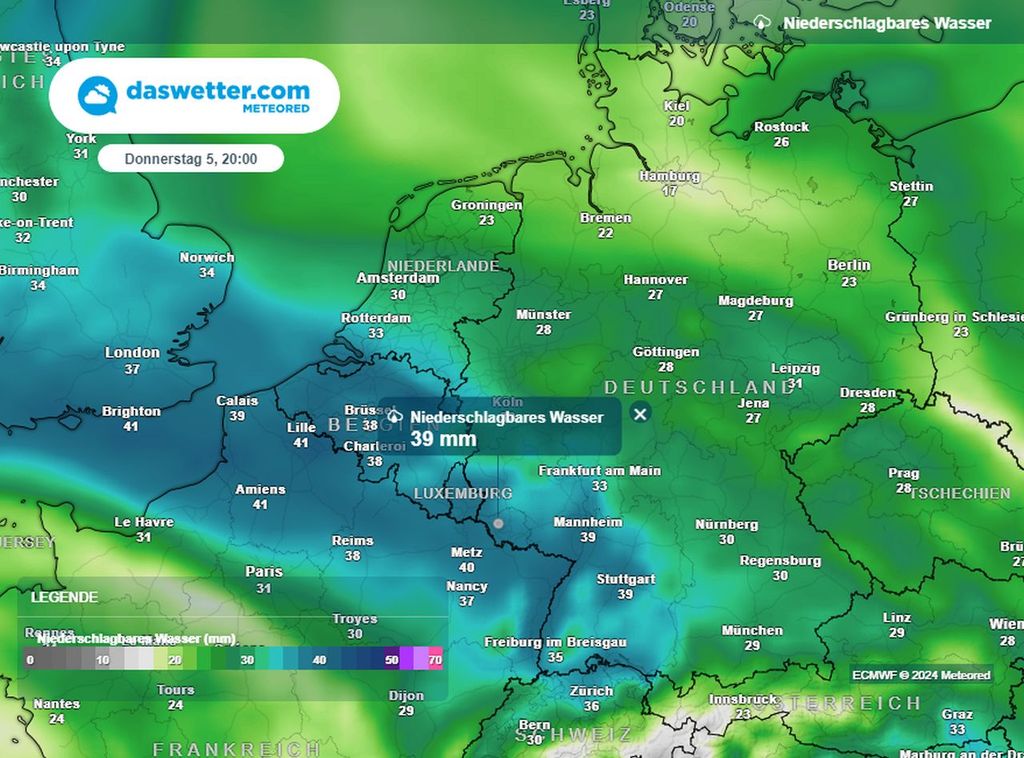 karte, ecmwf, niederschlagbares wasser