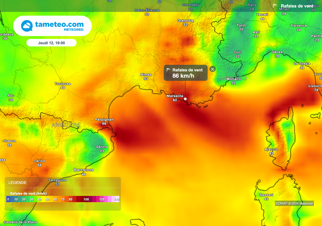 Mistral soutenu ce jeudi avec des rafales proches de 90 km/h.