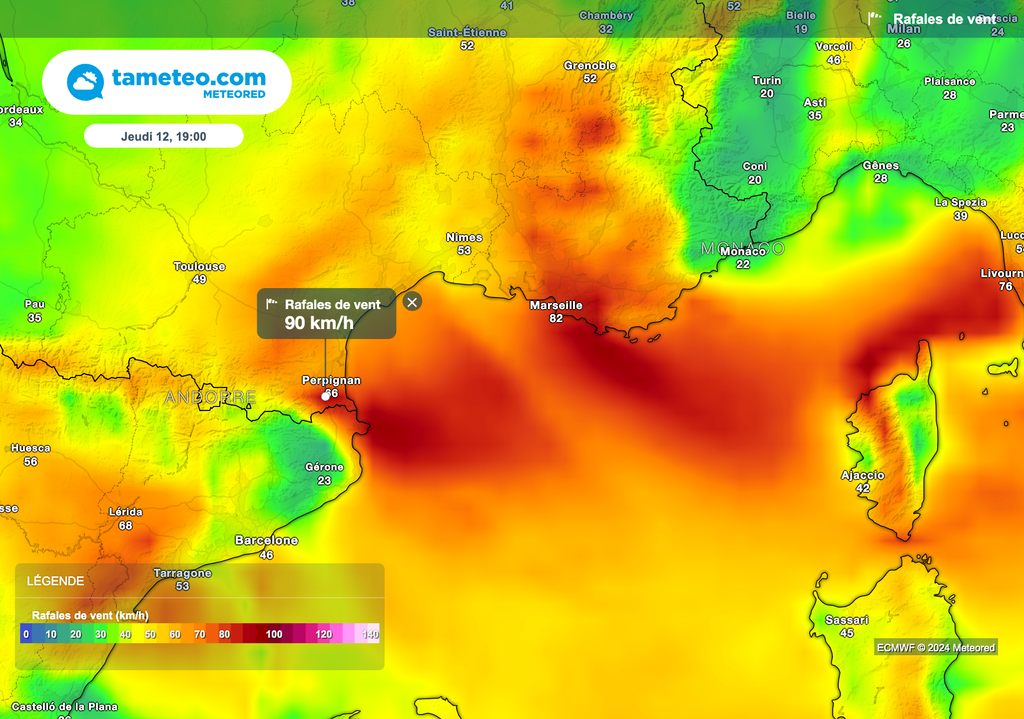 Tramontane également très forte ce jeudi avec des rafales proches de 90 km/h.