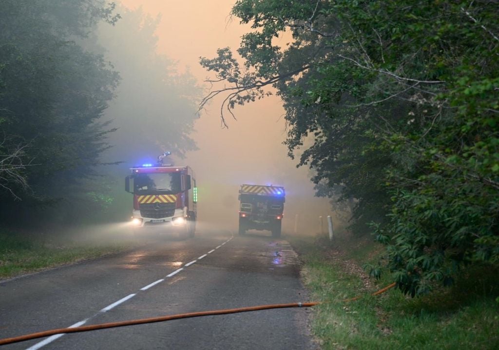 bosque Los vehículos de emergencia se distribuyeron en distintos puntos del macizo forestal para proteger caminos, viviendas cercanas y sostener el abastecimiento de agua durante el operativo. Imagen gentileza: Sapeurs-Pompiers 77 (@Sdis77)