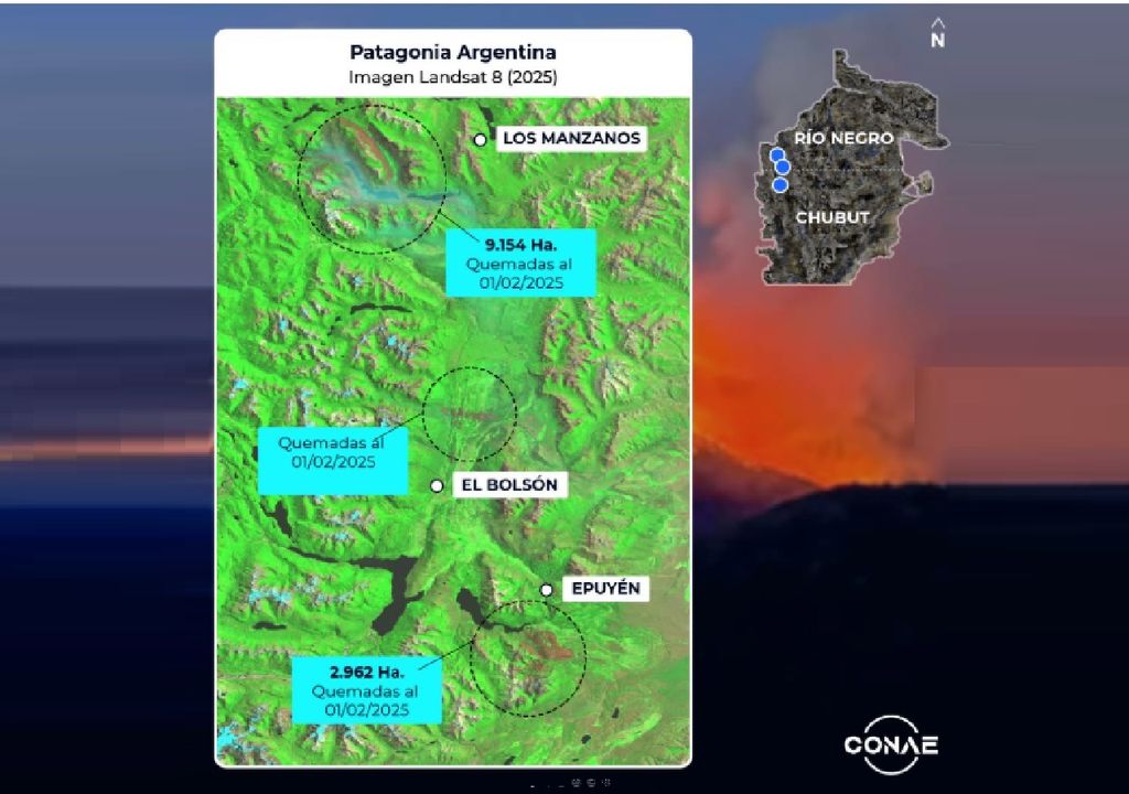 ? La imagen del Satélite Landsat 8 de fecha sábado 1 de Febrero de 2025 muestra, de arriba a abajo, los incendios en: ?Los Manzanos, pcia. de Río Negro ?Mallin Ahogado/ El Bolsón, pcia. de Río Negro ?Epuyen, pcia. del Chubut ?Aldea De Las Pampas/Dr. Atilio Oscar Viglione, pcia. del Chubut