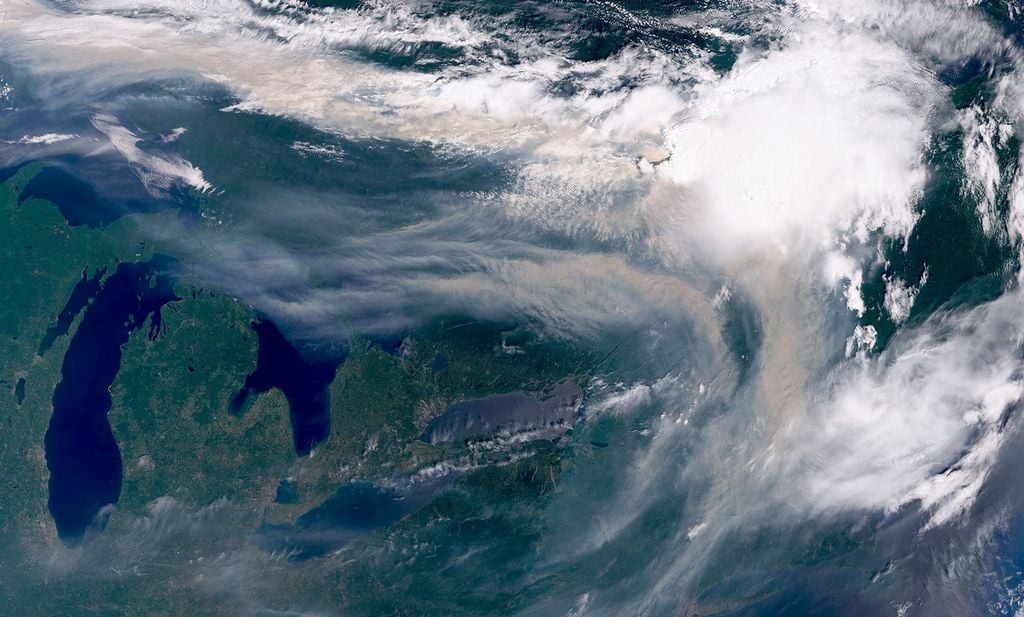Los incendios forestales en Canadá afectan la calidad del aire. Imagen capturada por el instrumento OLCI a bordo de uno de los satélites Copernicus Sentinel-3 el 14 de julio de 2026. Crédito: EUMETSAT