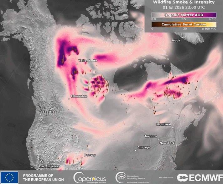 Pronósticos de profundidad óptica de aerosoles de materia orgánica de CAMS y emisiones totales acumuladas estimadas de carbono a inicios de julio de 2026. Fuente: Copernicus