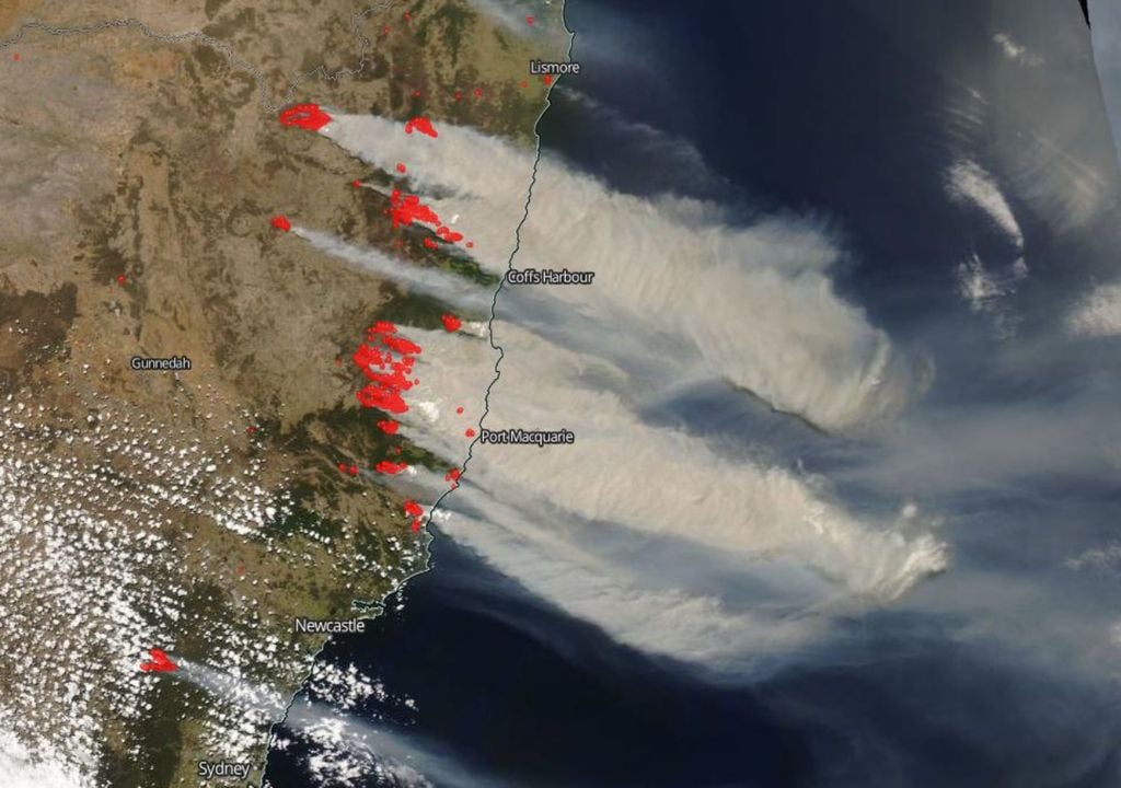 fumaça, incêndios florestais, Austrália, imagem de satélite fumaça, incêndios florestais, Austrália, imagem de satélite