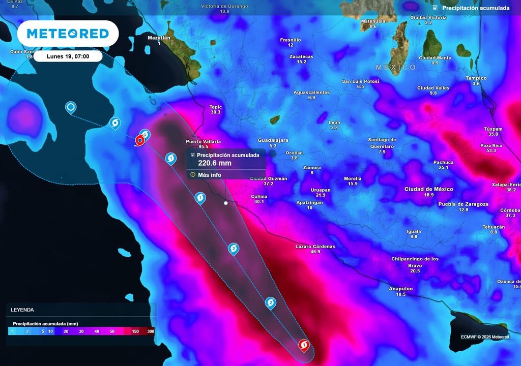 Pronóstico de precipitaciones en milímetros Con las condiciones y escenario actuales, lluvias pueden ser fuertes a torrenciales en el litoral de Michoacán, Colima y Jalisco de sábado a domingo de 70-150 mm y locales >otoñ200 mm.