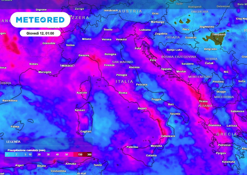 Accumuli di pioggia previsti fino a tutto martedì prossimo, a cui si sommeranno le piogge intense e abbondanti previste per i giorni successivi.