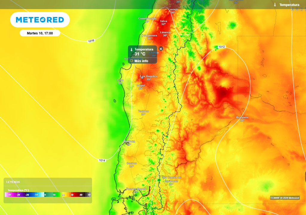 Temperatura máxima (°C) para el martes 10 de marzo 2026 en Chile centro-sur.