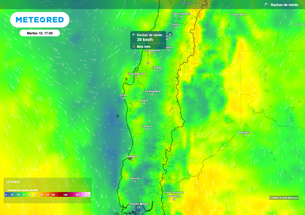 Rachas de viento (km/h) para la tarde del martes 10 de marzo 2026 en Chile centro-sur.