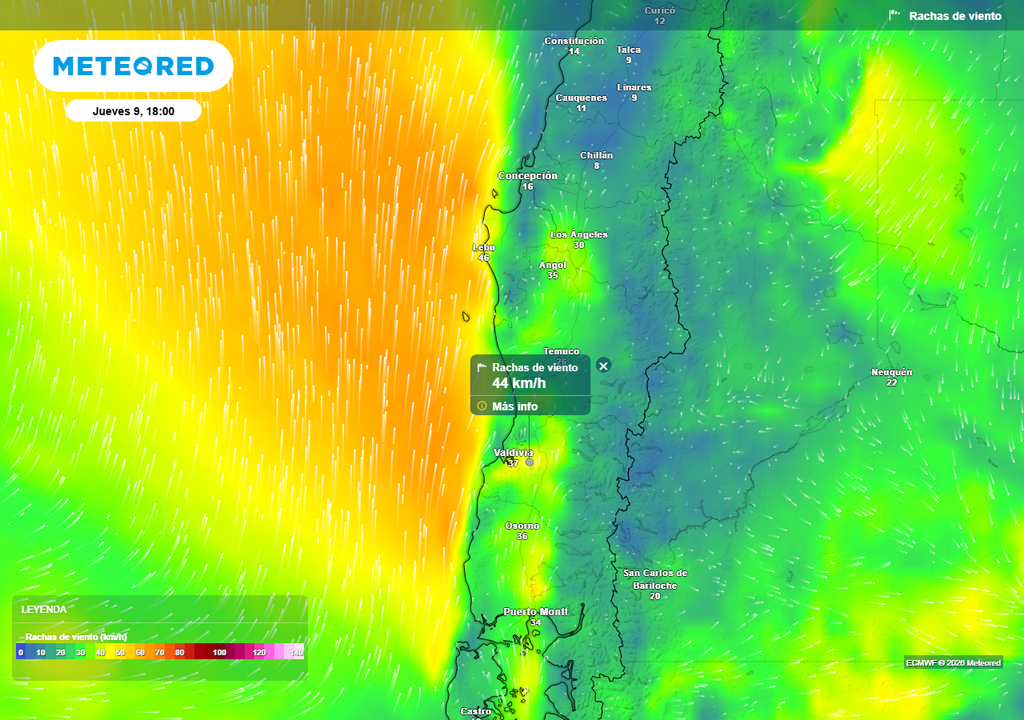 Rachas de viento (km/h) para la tarde del jueves 09 de abril 2026 en Chile centro-sur.
