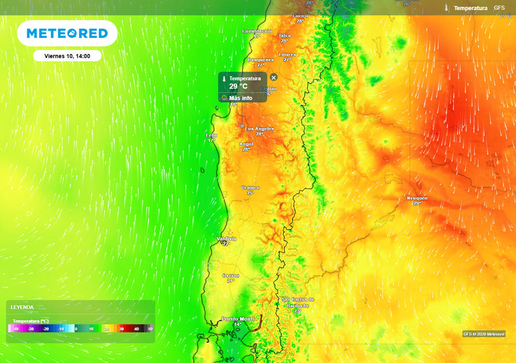 Temperatura máxima (°C) para el viernes 10 de abril 2026 en la zona centro-sur de Chile.