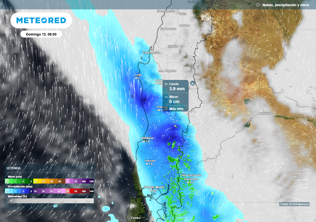 Precipitación (mm) para la mañana del domingo 12 de abril 2026 en Chile centro-sur.